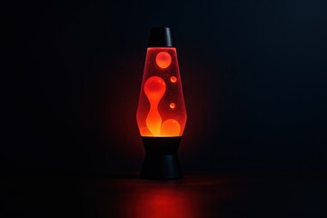 Red lava lamp glowing in dark room with floating wax blobs inside glass container, retro ambient lighting decor
