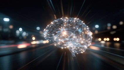 Abstract brain graphic, glowing points, blurred city lights