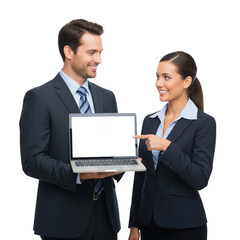 Business people working together on laptop, looking happy isolated on white or transparent background