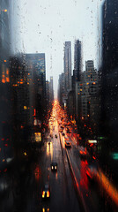 Naklejka premium Rainy city street view through window