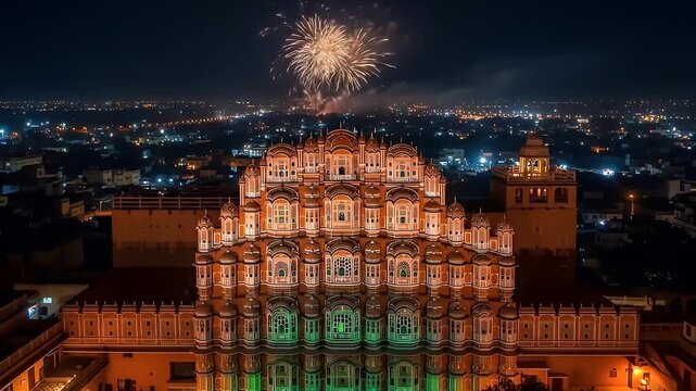 Hawa Mahal Jaipur India Night Fireworks Celebration Aerial View
