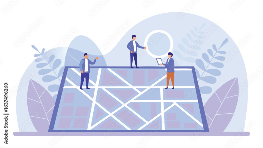 Poster three men standing on a large map with geometric patterns in a light purple and white color scheme