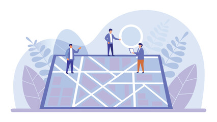 Three men standing on a large map with geometric patterns in a light purple and white color scheme