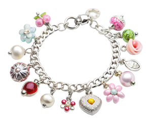 Silver charm bracelet with various charms including pearls, flowers, fruit, and heart, isolated on transparent background