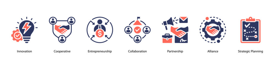 Entrepreneurial Collaboration web banner icon vector illustration featuring Innovation, Cooperative, Entrepreneurship, Collaboration, Partnership, Alliance, and Strategic Planning.