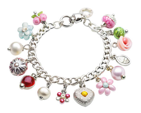 Silver charm bracelet with various charms including pearls, flowers, fruit, and heart, isolated on transparent background