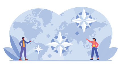 Obraz premium People standing before a world map with stars and geometric shapes in a light blue color palette