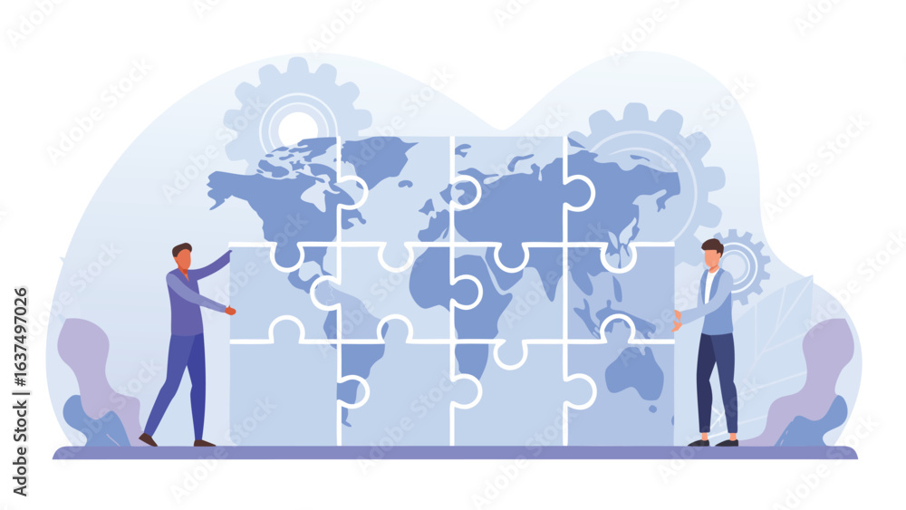 Poster two men completing a world map puzzle with gears in the background in a light blue and white color s