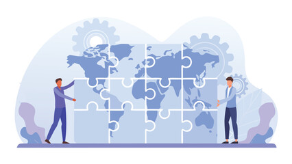 Two men completing a world map puzzle with gears in the background in a light blue and white color scheme
