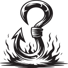 A bold black and white illustration of a fishing hook surrounded by stylized flames on a white background