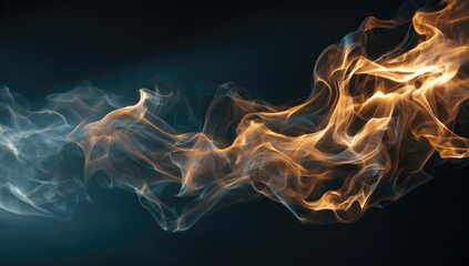 Abstract flowing shapes of orange and blue smoke against dark background