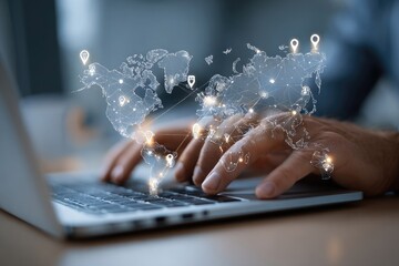 Person using laptop, world map overlay with connections