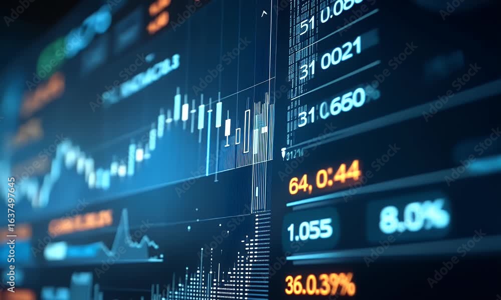 Poster a close-up of an interactive digital display showing stock market data, with graphs and numbers in b