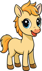 Cute cartoon baby horse or pony with a golden mane and tail, standing and smiling, isolated on transparent background
