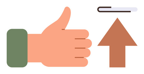 Hand giving thumbs up alongside upward arrow and pen, representing approval, success, growth, or progress. Ideal for teamwork, achievement, motivation, leadership feedback marketing