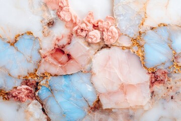 Close-up of multicolored marble with pink and blue sections and gold veins