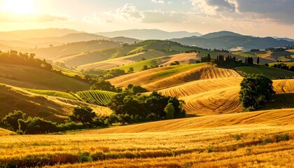 Rolling hills bathed in golden sunset light, showcasing diverse textures of farmland and greenery