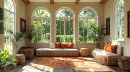 a vintage sunroom with earthy tones