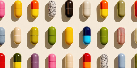 abstract concept of pills and medication shown through vibrant, glossy capsules on neutral background