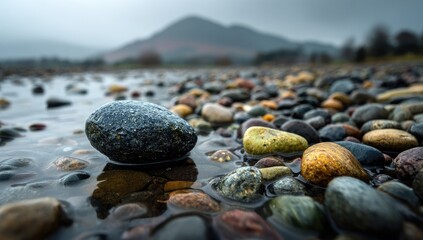 Close-up of colorful stones in shallow water, misty mountain in background