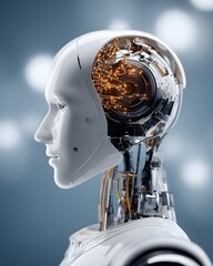 machine learning, cyber security, human and robot, high-quality stock photo, editorial style