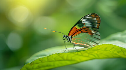Obraz premium Transparent wing butterfly - Greta oto. Female transparent winged butterfly resting on a green leaf deposing her eggs in a butterflies farm keyword