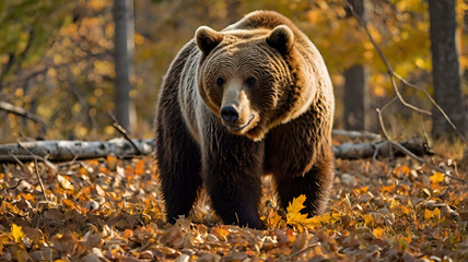 Fototapeta premium In the golden light of autumn, a grizzly bear forages among fallen acorns and dry leaves