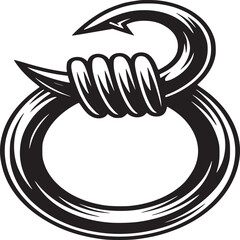 A stylized black and white illustration of a hook wrapped around a ring on a white background