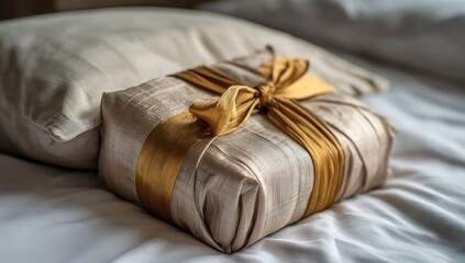 A light beige gift box, tied with gold ribbon, rests on a white bed
