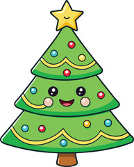 Cute kawaii christmas tree with smiling face and star topper