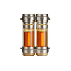Double Chamber Glass Vessel with Amber Liquid, Metal Clamps, Scientific Equipment