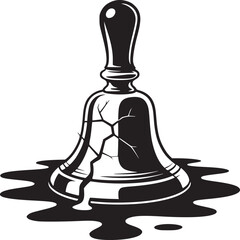 A monochrome illustration of a cracked bell with dark liquid pooling around its base on white background