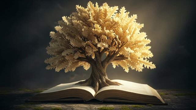 Artistic tree emerging from open book on stone surface