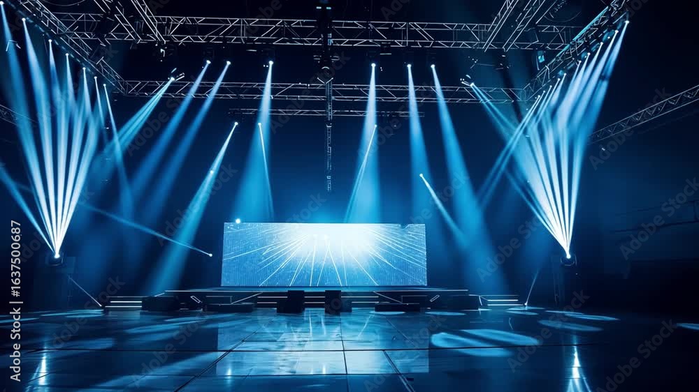 Poster vibrant stage design with dynamic lighting and large screen backdrop enhances concert and event perf