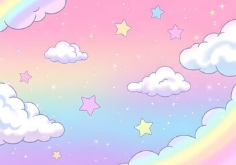Obraz premium Whimsical pastel sky with clouds, stars, and rainbow for dreamy, magical backgrounds