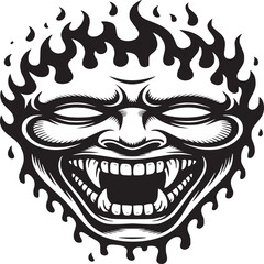 Black and white drawing of a demonic face with flames and sharp teeth on a white background