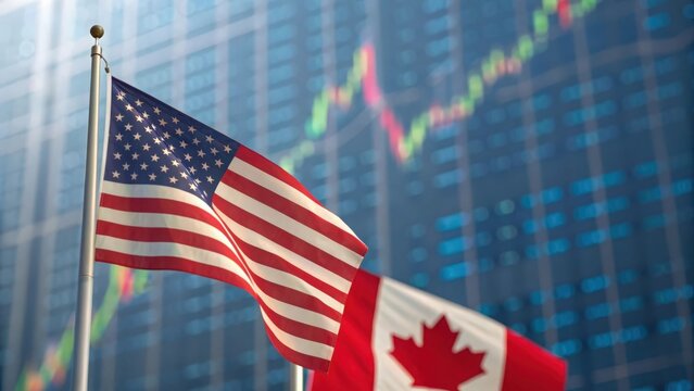 Financial data visualization with US and Canadian flags background — representing joint prosperity
