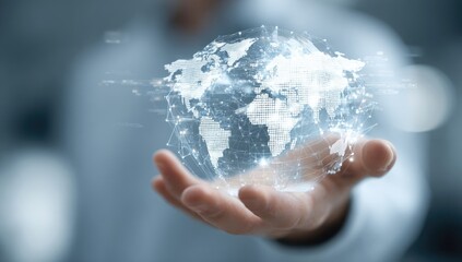 A hand holds a holographic, interconnected world map