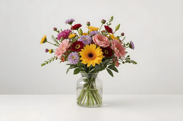Colorful Flower Bouquet in Glass Vase on White Background