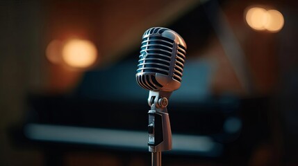 Classic microphone stands alone, waiting for a voice to bring music to life.