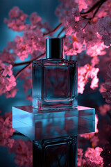 Sleek glass perfume bottle stands elegantly on reflective cube, surrounded by vibrant pink cherry blossoms. soft blue background enhances serene and luxurious atmosphere