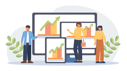 Team presenting positive growth charts on multiple devices in a business setting illustration design
