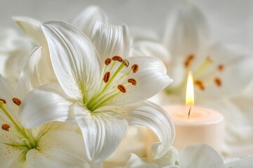 Close-up of white lilies and a candle