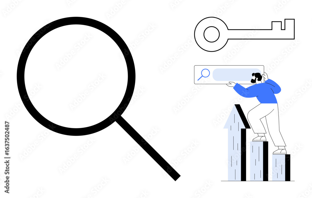 Poster man reaching for a search bar while standing on bar graphs, large magnifying glass, and key outline.