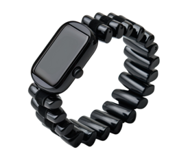 Sleek black wristwatch with a unique, segmented band