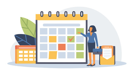 Businesswoman pointing at calendar with briefcase and envelope in a flat vector illustration style