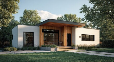 Modern, single-family home exterior, light-filled