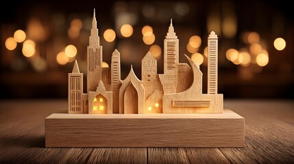 Illuminated wooden cityscape model on a wooden base.