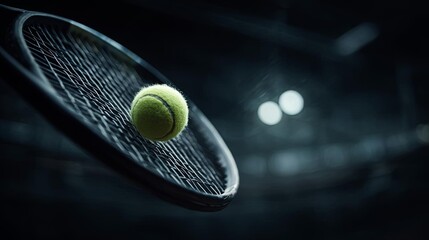 A close-up of a tennis racket and ball captured in a dramatic, low-light setting.