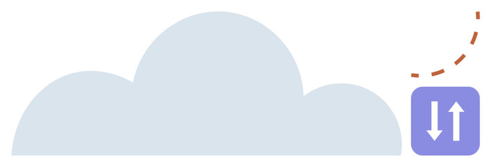 Cloud with uploaddownload arrows and dashed connection line. Ideal for technology, data transfer, cloud services, connectivity, digital communication, storage, internet concepts. Simple flat metaphor